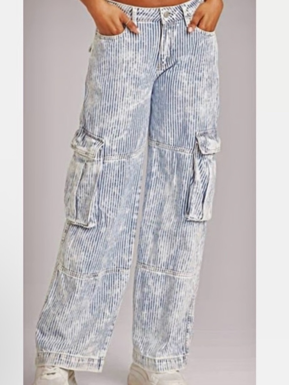 wild fable Light Blue Striped Wide-Leg Cargo Jeans